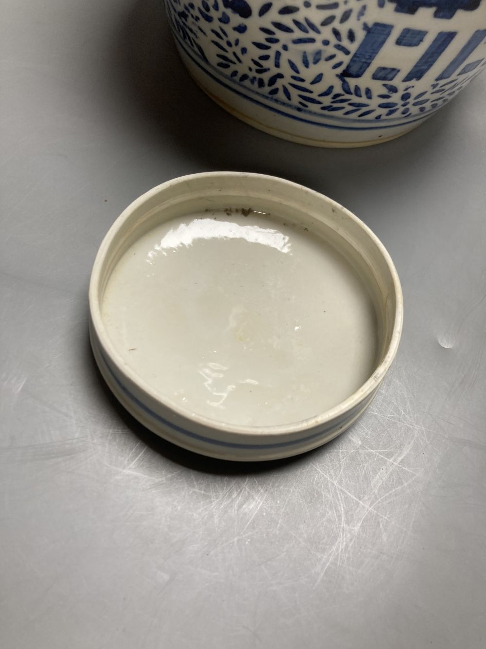 A Chinese famille rose dessert dish, 27cm, assorted Chinese blue and white porcelain and a delft ware hanging candle lantern, 26cm